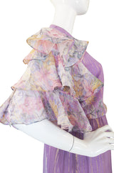 1980s Ruffle Sleeve Floral & Gold Hanae Mori Dress