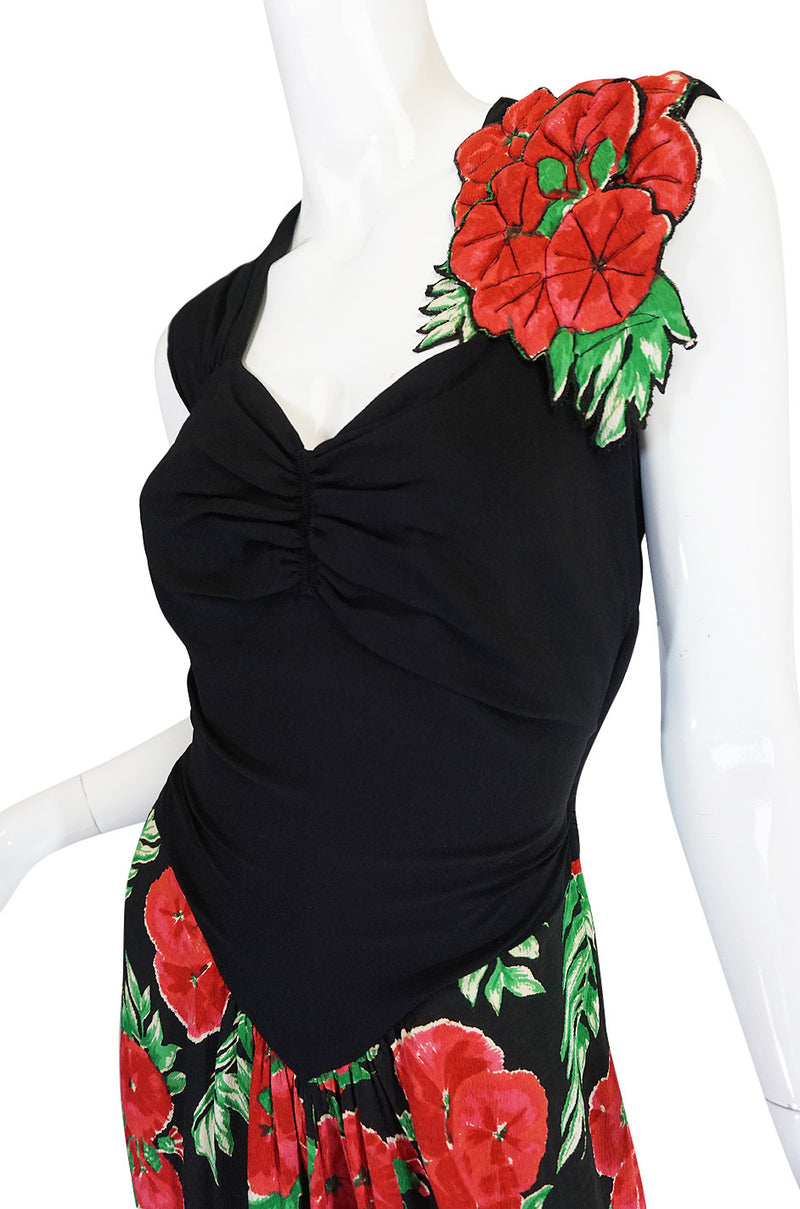 1940s Silk Crepe Padded Roses Floral Swing Dress