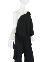 1970s Black Jersey One Shoulder Tiered Jumpsuit