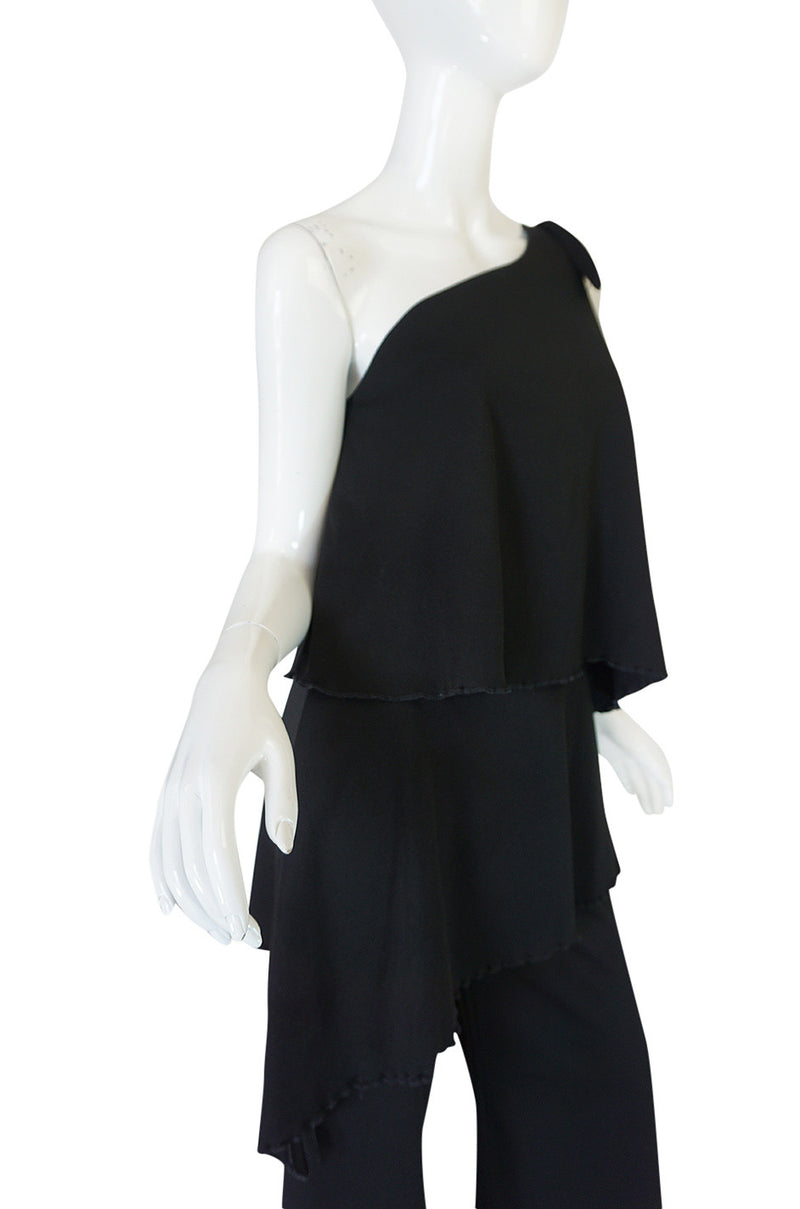 1970s Black Jersey One Shoulder Tiered Jumpsuit