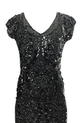 1960s Densely Hand Covered Glossy Black Bead & Sequin Dress Knit Base Dress