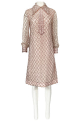 1960s Valentina Inc Pink Beaded Shift Dress w Front Collar Detailing