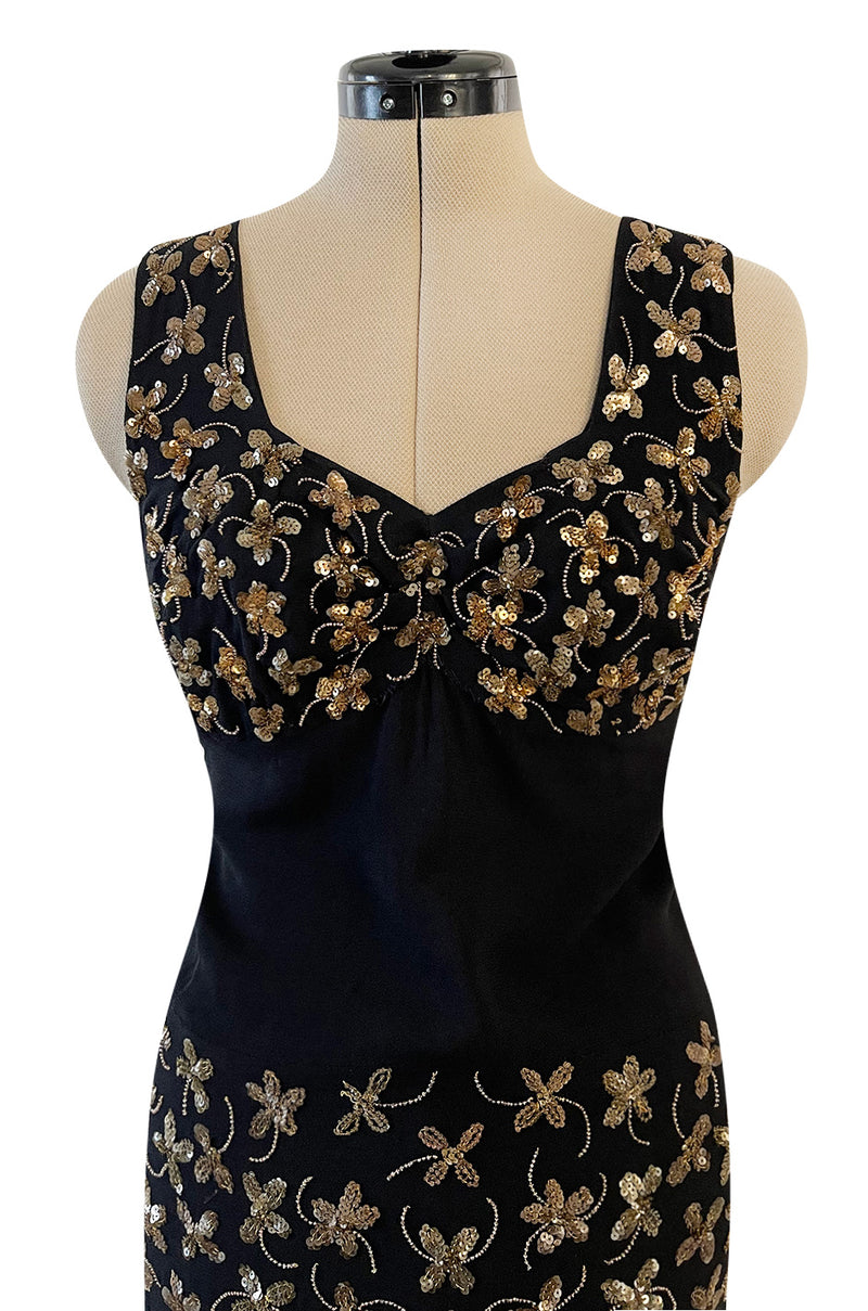 Incredible 1930s Black Moss Silk Crepe Dress Densely Covered w Rare Gelatin Sequins & Seed Beads