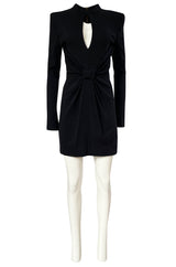 2010s Balmain Black Jersey Dress w Strong Shoulders, Front Knot & Keyhole