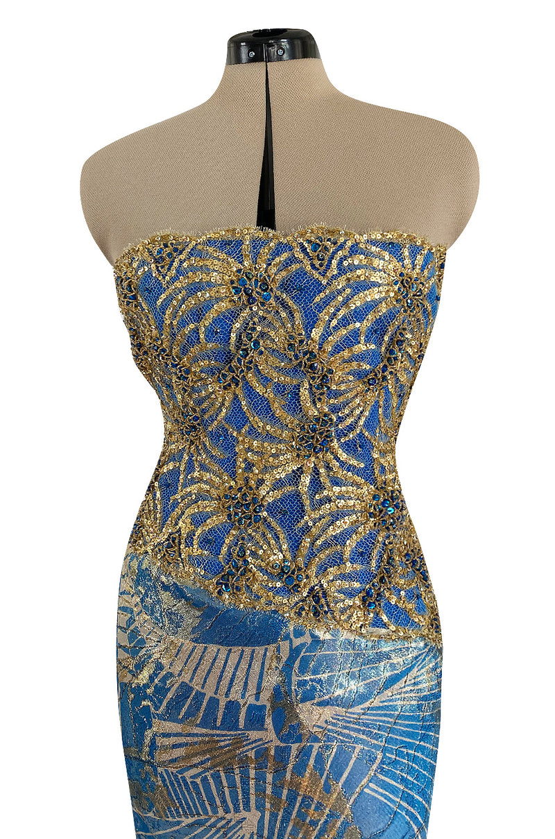 1980s James Galanos Gold Lame Blue Dress w Heavily Sequinned & Jewelled Strapless Bodice