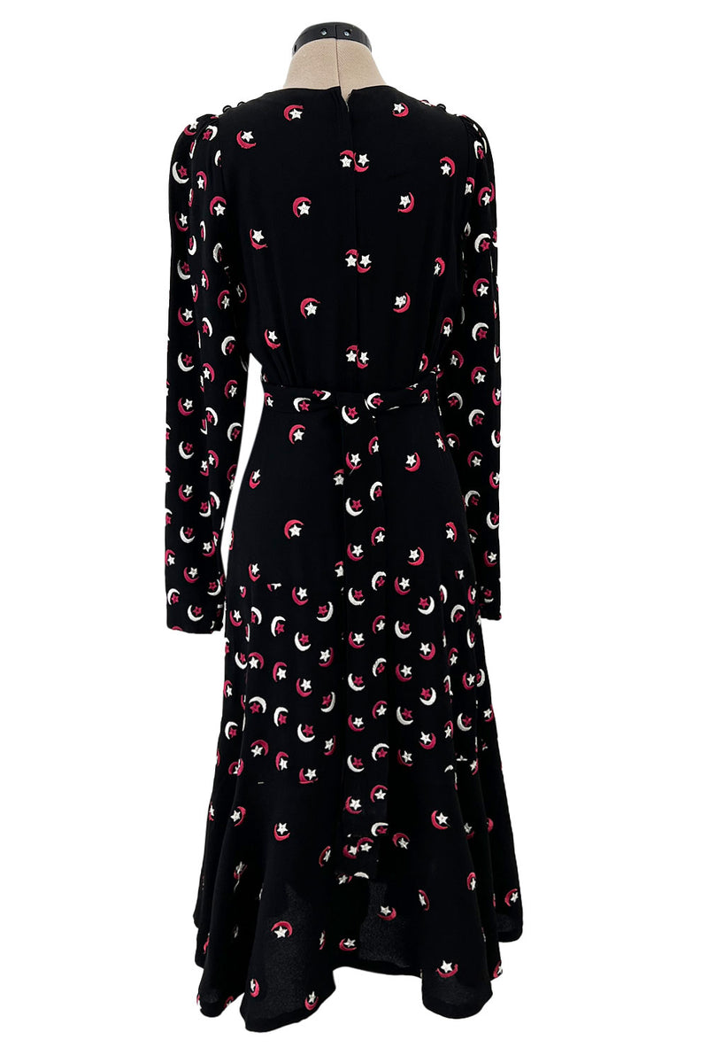 Wonderful 1971 Ossie Clark Moss Crepe Dress w Celia Birtwell Moon & Star Embroidery