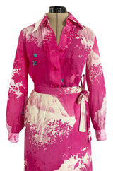 Gorgeous 1970s Hanae Mori Pink Scenic Print Wrap Skirt & Button Down Top Set