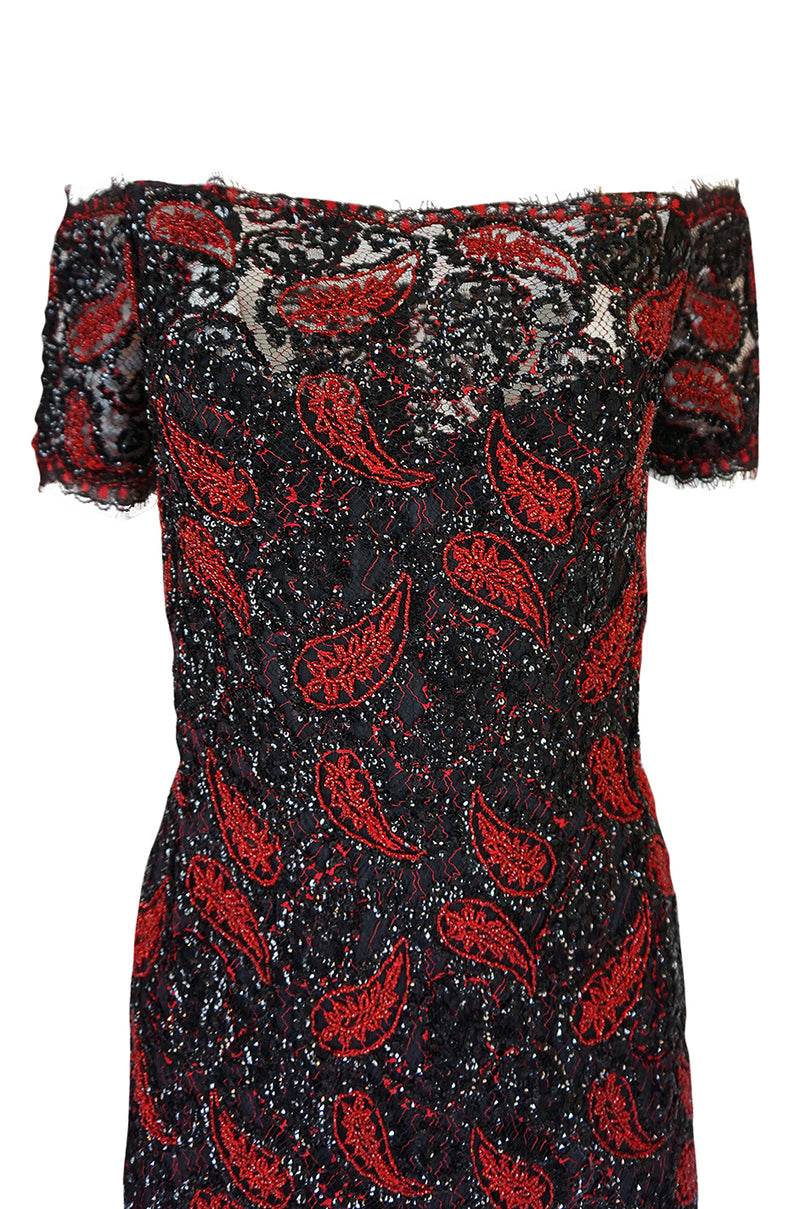 1980s Koos Couture Red Bead & Black Sequin on Silk Net Dress