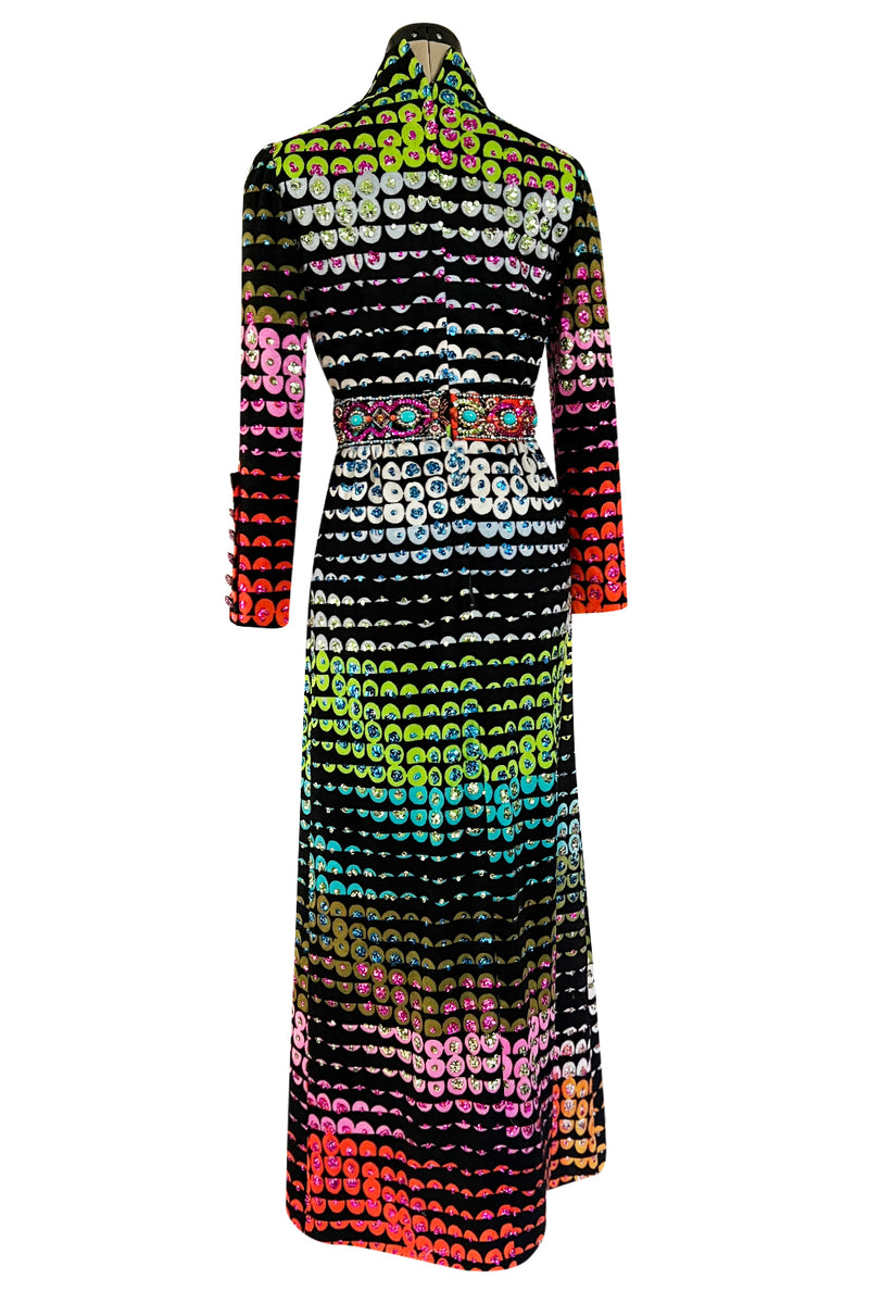Amazing 1970s Unlabeled Valentina Inc. Rainbow Colored Elaborate Sequin & Bead Detailed Dress
