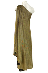 c.1978 Halston One Shoulder Gold Lame Jersey Full Length Maxi Dress