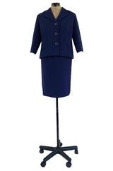 Spring 1960 Pierre Balmain Haute Couture Deep Blue Skirt Suit w Swing Back Button Detailing
