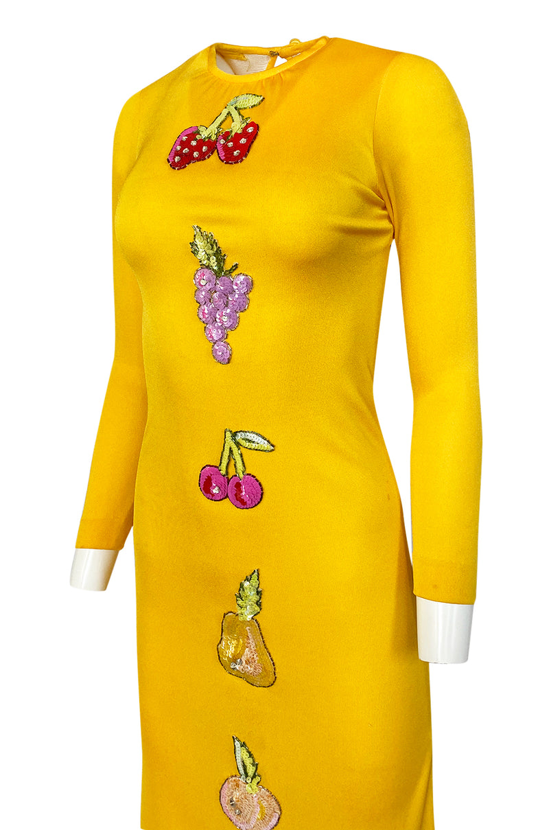 Early 1970s Bob Mackie Ray Aghayan Yellow Jersey Dress w Sequin Fruit