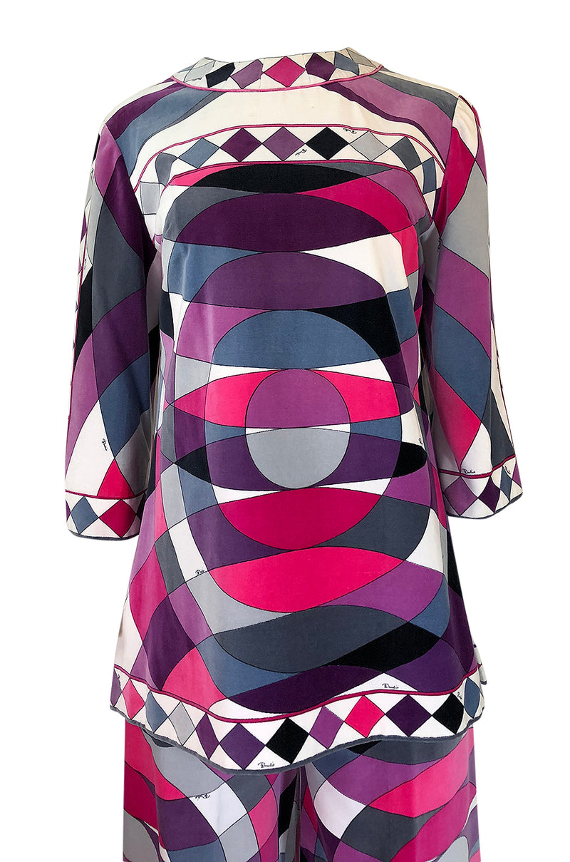 Iconic 1960s Emilio Pucci Pink Print Velvet Pant & Tunic/Dress Set