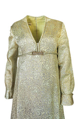 1960s Malcolm Starr Green & Gold Metallic Brocade Maxi Dress