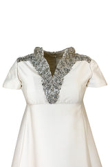 1960s Malcolm Starr Ivory Silk Dress w Rhinestone & Bead Adornments