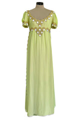Stunning Unlabelled Vintage Soft Lime Silk Chiffon Regency Inspired Dress & Coat Set