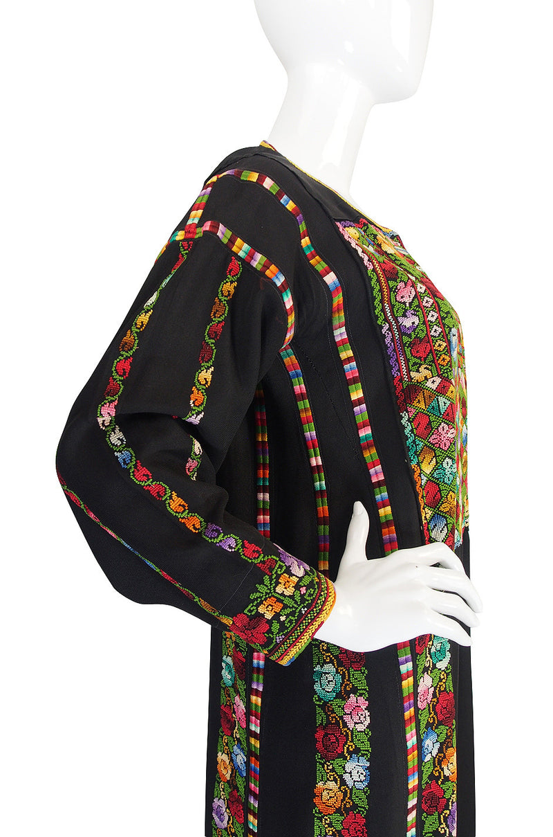 1960s Bright Thread Hand Embroidered Black Caftan