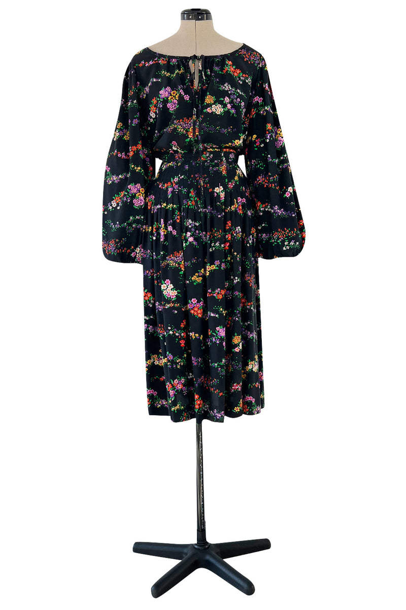 Gorgeous 1970s Yves Saint Laurent Floral Print Silk Skirt & Balloon Sleeve Top Set