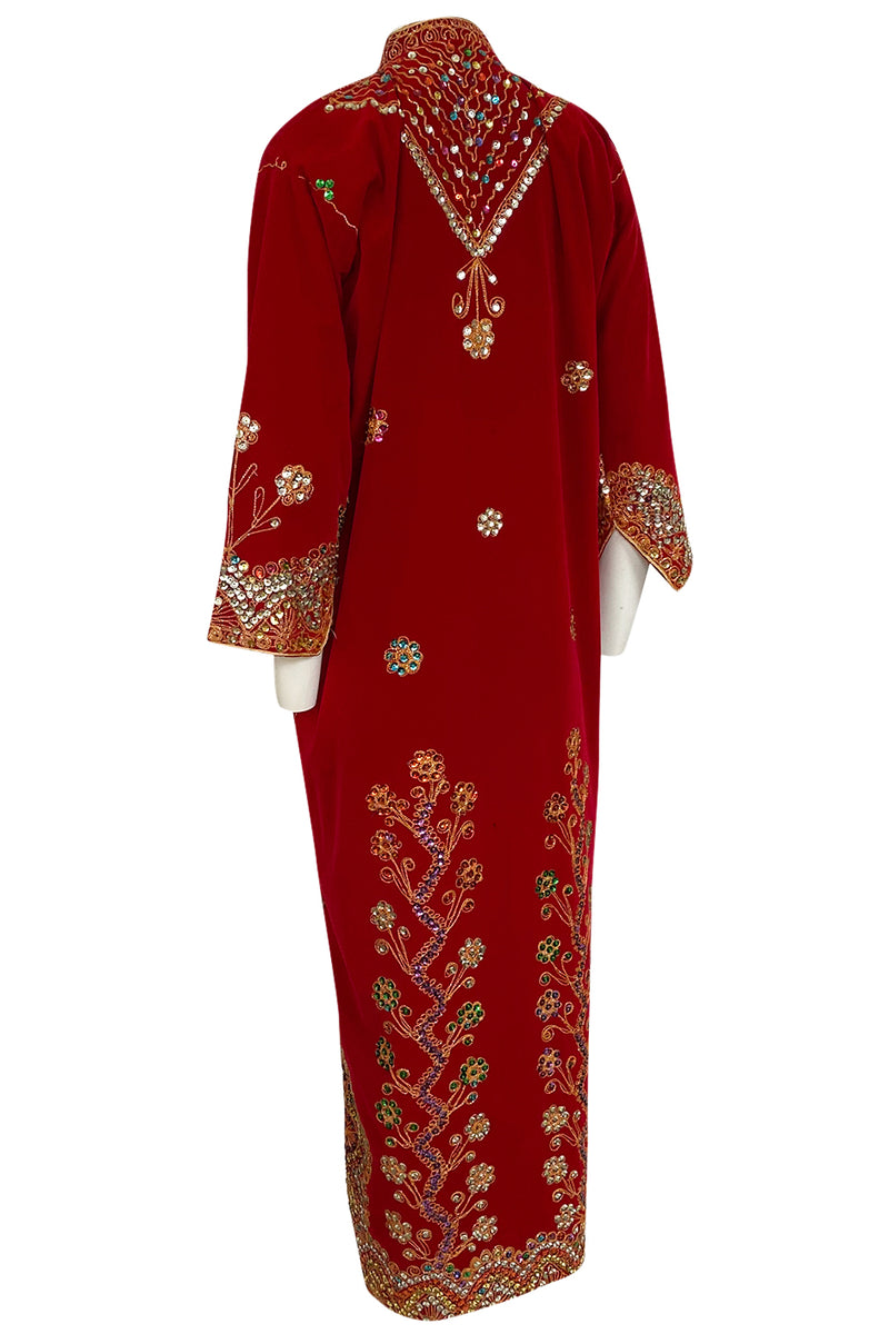 1960s Unlabeled Densely Beaded & Sequined Red Velvet Caftan or Coat