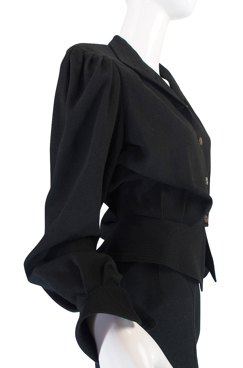 1970s Black Crepe Jean Muir Peplum Suit