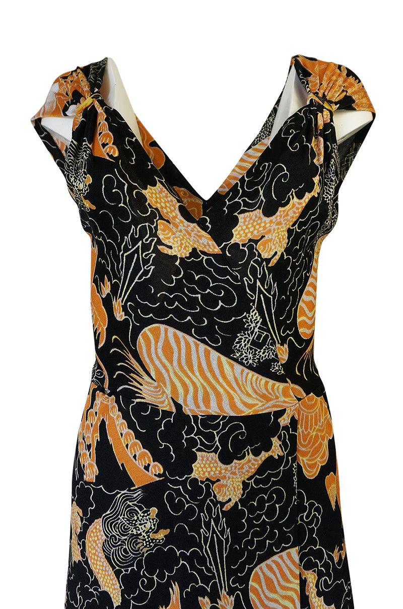 c.1976 Mac Tac Black Dragon Printed Nylon Jersey Dress