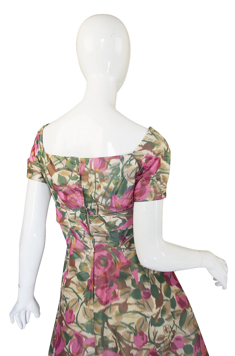 1950s Pretty Floral Silk Bow Cocktail Dress