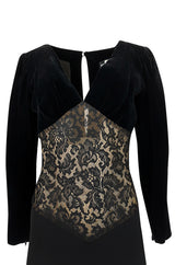 1980s Yves Saint Laurent Black Velvet, Lace & Jersey Dress