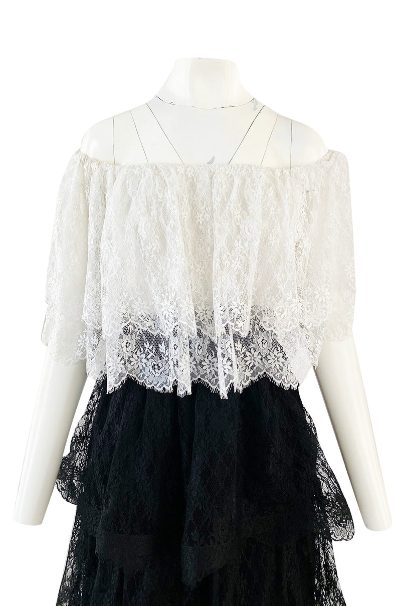 Prettiest 1970s Alfred Bosand Black & White Lace Tiered Off Shoulder Full Length Dress