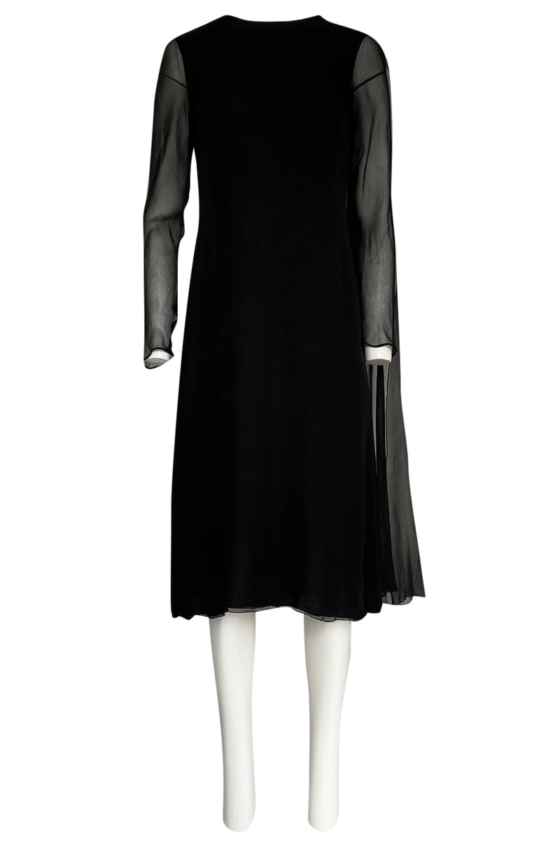 1970s George Stavropoulous Couture Black Silk Chiffon Caped Shoulder Dress