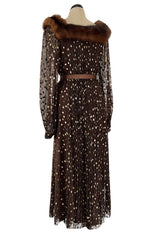 1970s Givenchy by Hubert de Givenchy Haute Couture Gold Metallic Dot on Silk Chiffon Dress w Mink Trim