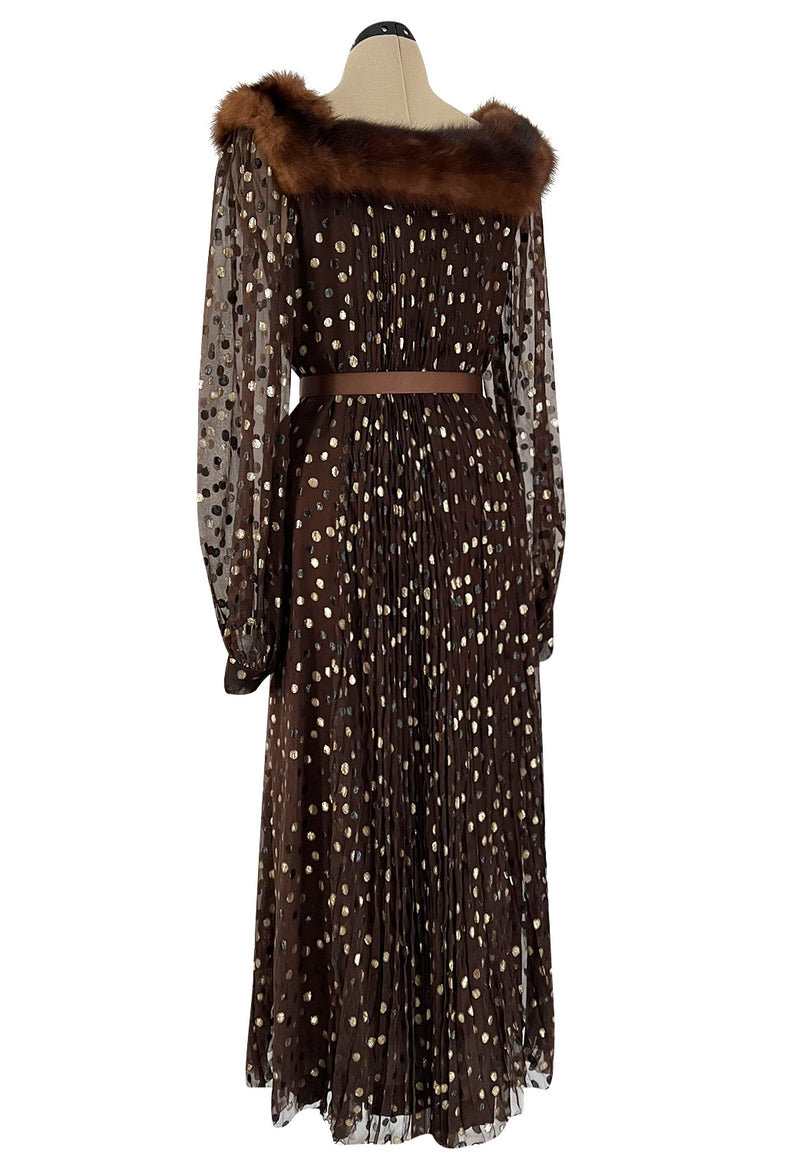 1970s Givenchy by Hubert de Givenchy Haute Couture Gold Metallic Dot on Silk Chiffon Dress w Mink Trim