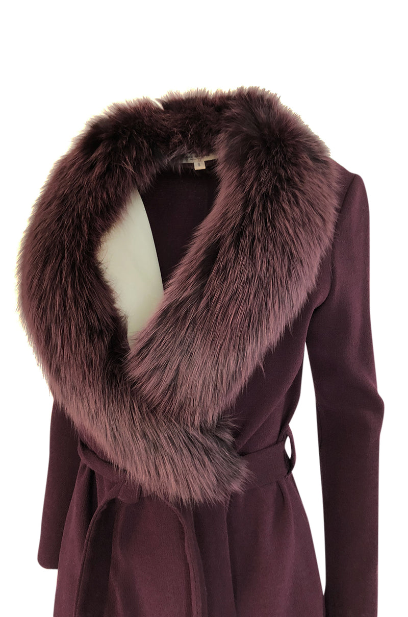 Early 2000s Heidi Weisel Deep Plum Colored Fox Fur Collar Wrap Sweater