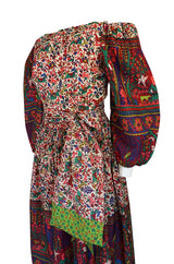 1960s Richilene Off Shoulder Pouf Sleeve Bohemian Printed Silk Dress