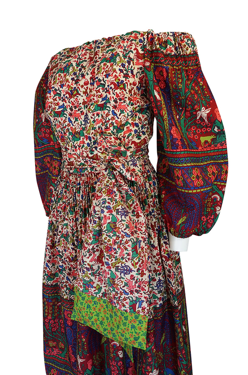 1960s Richilene Off Shoulder Pouf Sleeve Bohemian Printed Silk Dress