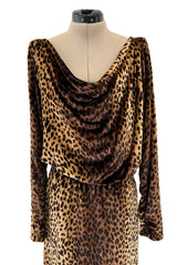 Important Spring 1993 Yves Saint Laurent Runway Draped Neckline Panne Velvet Leopard Print Dress