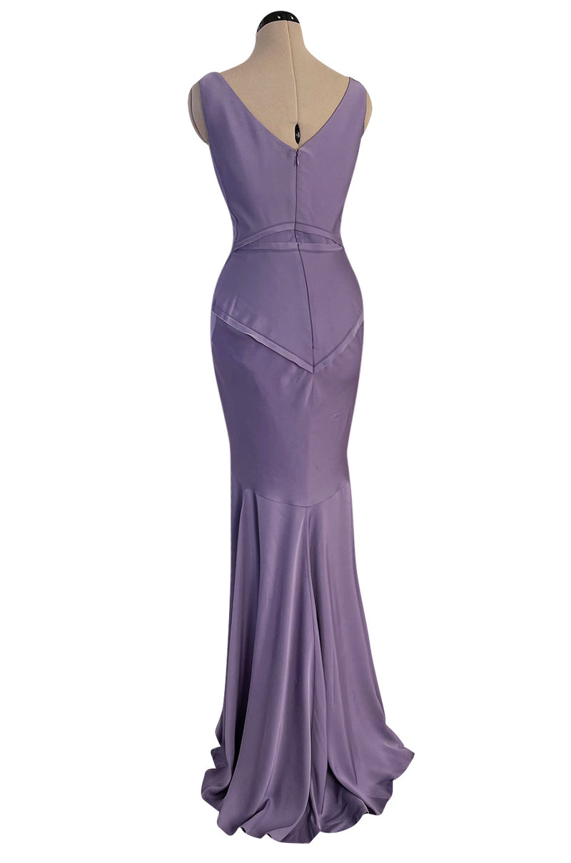 2014 Zac Posen Bias Cut Soft Purple Dress W Low V Back and Front & Exposed Edge Seaming