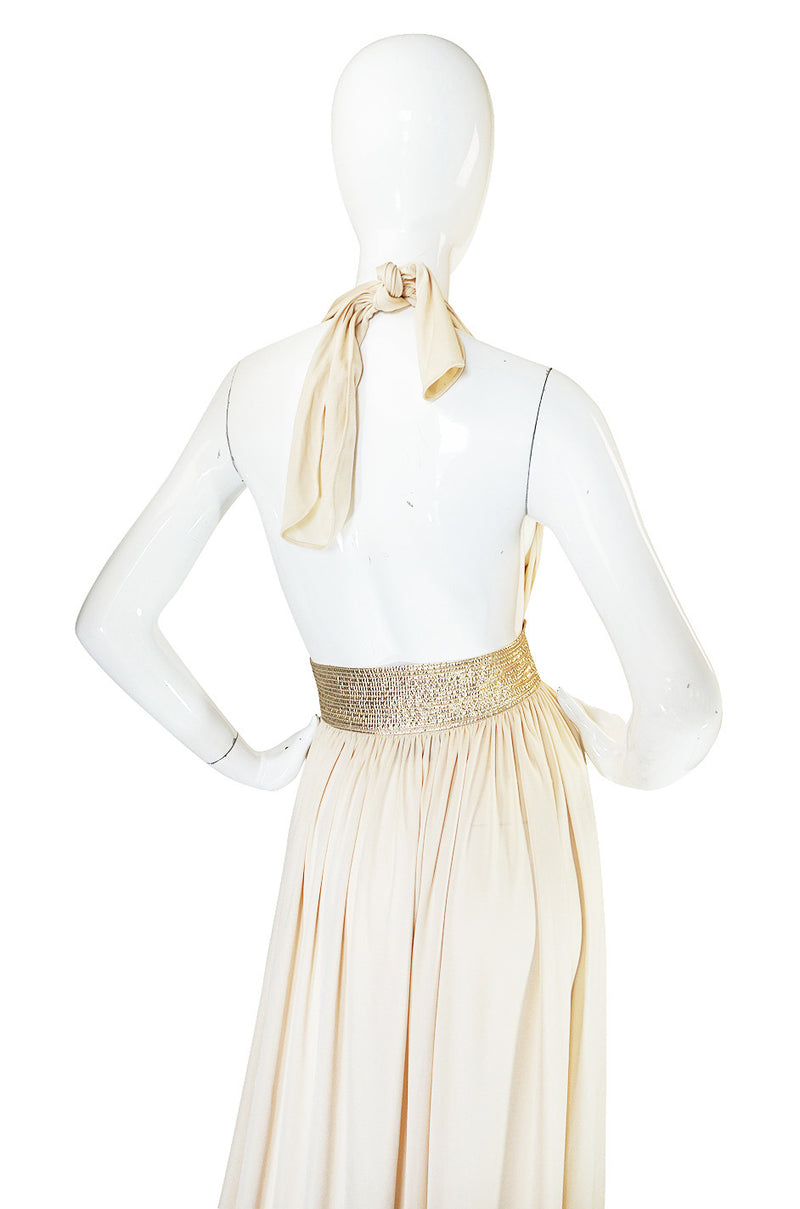 1980 Bill Tice Plunge Cream & Gold Backless Dress