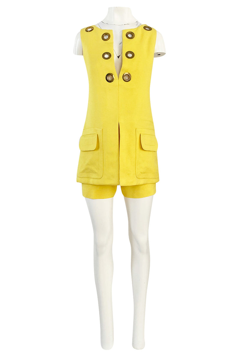 1960s Pierre Cardin Couture Bright Sunny Yellow Tunic & Hot Pant w Open Metal Grommets