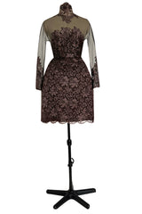 Extraordinary 1990s John Anthony Couture Deep Bronze Lace & Black Silk Netting Full Skirted Dress