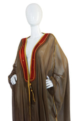 1970s Deep Taupe Caftan w Red & Gold Thread Embroidered Trim