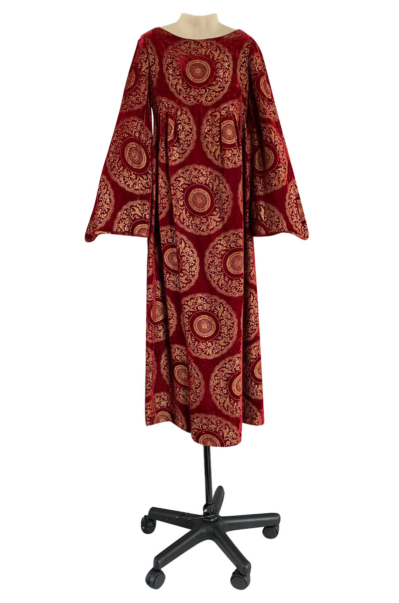 1930s Franco Bertoli Hand Painted Gold Patterned Caftan Dress on A Deep Red Silk Velvet