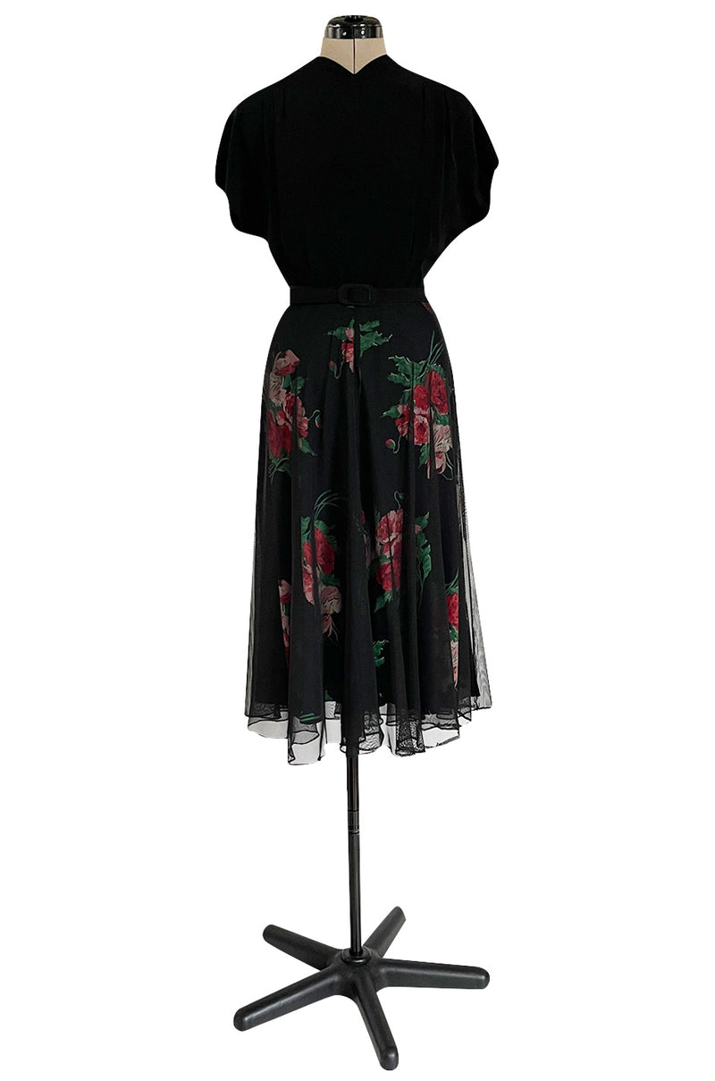 Gorgeous 1930s Best & Co. Black Silky Rayon Top w Netted Over Floral Printed Swing Skirt
