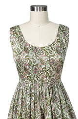 c.1954 Claire McCardell Green & Pink Print Cotton Sun Dress w Belt