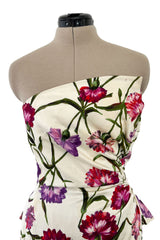 Beautiful 1950s Philip Hulitar Couture Brilliant Floral on Ivory Print Silk Strapless Dress