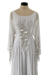 Magical 1970s Jean Varon Palest Silver Grey Chiffon Dress w Amgel Sleeves & Sequins