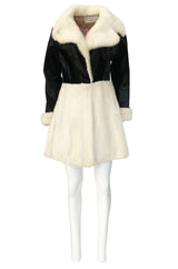 1960s Mod Black and Ivory Contrasting Graphic Fur Coat w Paisley Lining