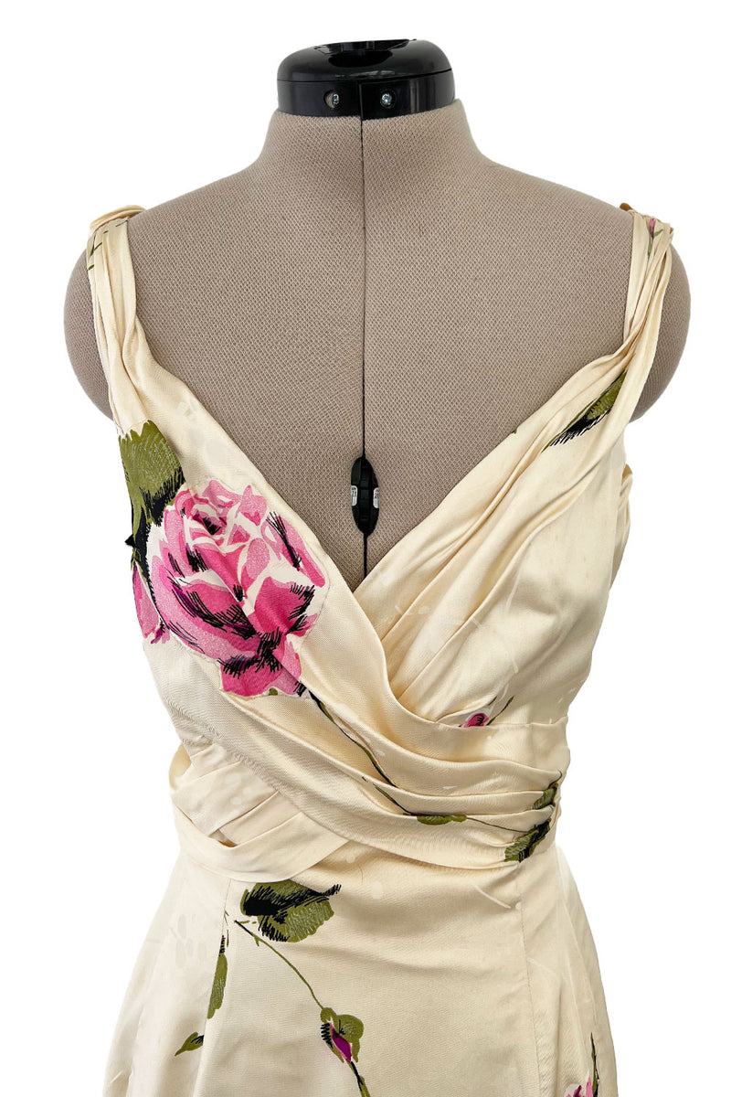 Gorgeous 1940s Unlabeled Ivory Silk Twill Dress w Painted & Appliqued Rose Print