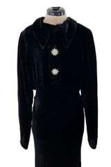 Gorgeous 1930s Bias Cut Black Silk Velvet Dress w Incredible 3D Star Buttons