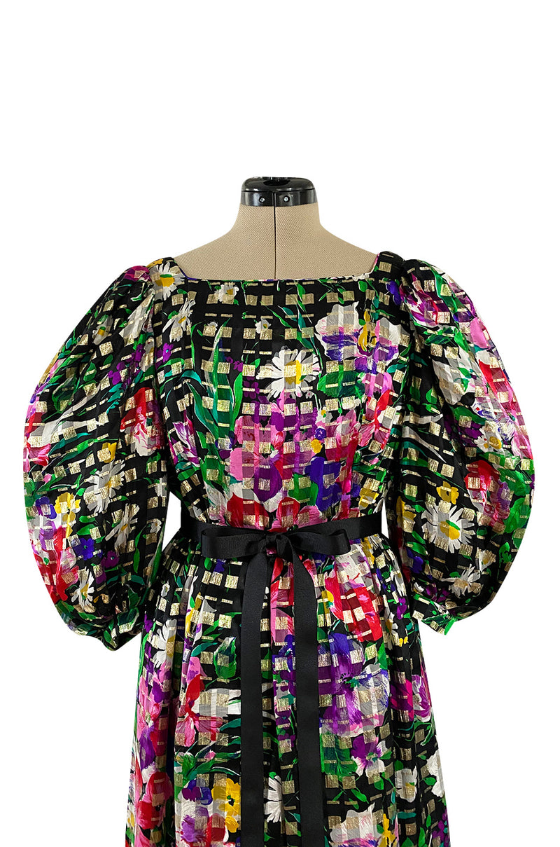 Beautiful 1970s Michael Novarese Ribbon Weave Silk Chiffon Bright Floral & Metallic Dress