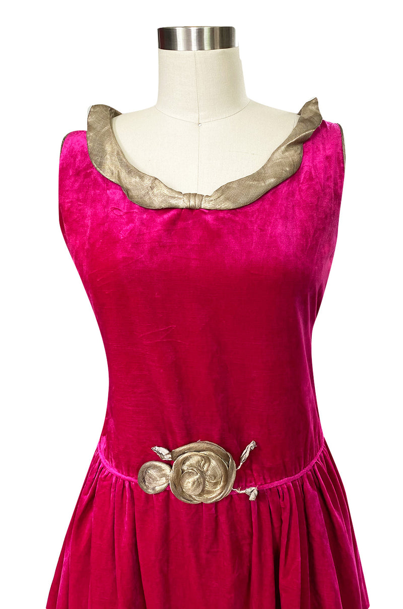1920s Deep Fuchsia Pink Velvet Dress w Gold Lame Flowers & Trim